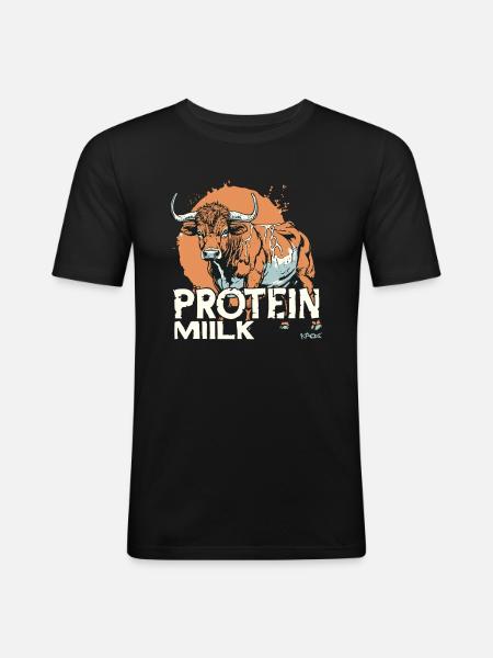 Tegneserieko med teksten: Proteinmælk - Herre Slim Fit T-Shirt - sort