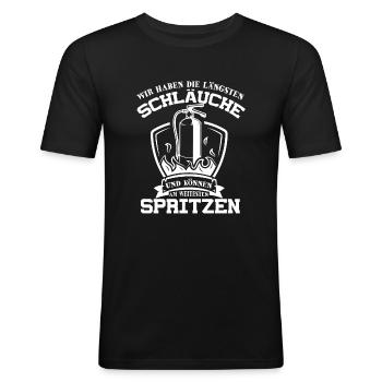 Versauter Humor Feuerwehrmann Spruch Geschenk - Männer Slim Fit T-Shirt - Schwarz - Vorne - Nik (191cm)
