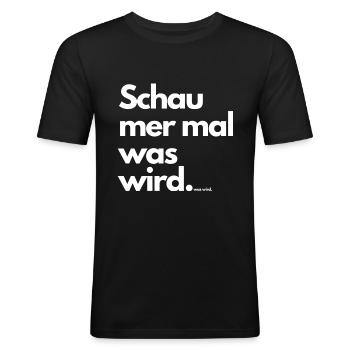 'Schau mer mal was wird weiß' Meme Shirt lustig - Männer Slim Fit T-Shirt - Schwarz - Vorne - Nik (191cm)