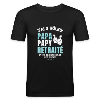 Retraité Papa Papy - Cadeau Retraite homme humour - T-shirt près du corps Homme - noir - Devant - Nik (191cm)