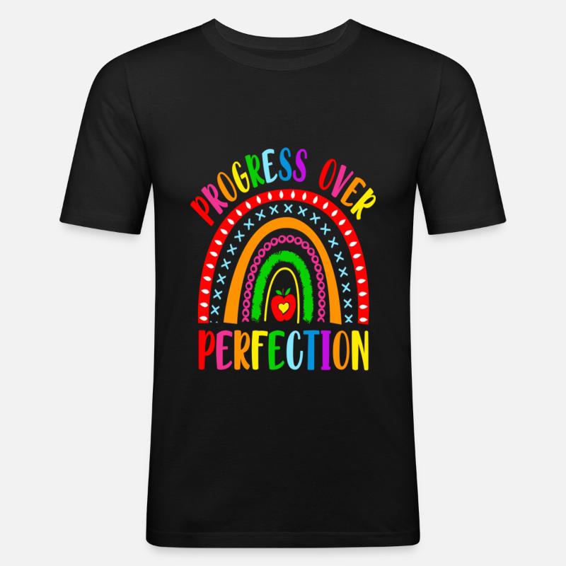 Rainbow Progress Over Perfection Motivational - Männer Slim Fit T-Shirt - Schwarz
