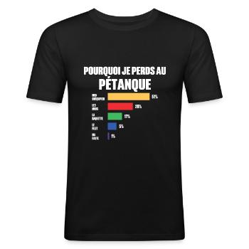 Maillot Pétanque je peux pas j'ai Pétanque - T-shirt près du corps Homme - noir - Devant - Nik (191cm)