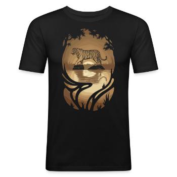 Tigerkunst: Kraftvolle Eleganz in Gold - Männer Slim Fit T-Shirt - Schwarz - Vorne - Nik (191cm)