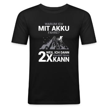 Warum ich mit Akku fahre Fahrrad MTB Radfahrer - Männer Slim Fit T-Shirt - Schwarz - Vorne - Nik (191cm)