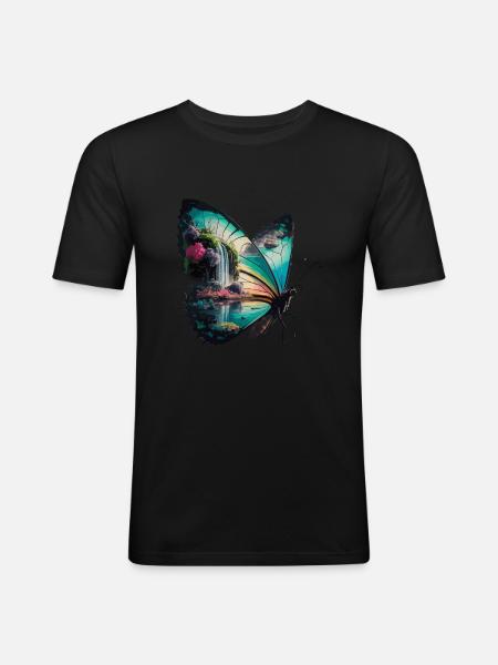 Schmetterling Wasserfall Naturszene - Männer Slim Fit T-Shirt - Schwarz