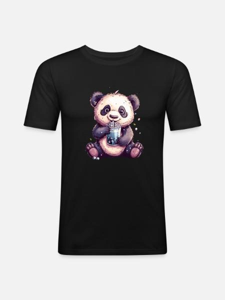 Niedlicher Panda mit Tee - Männer Slim Fit T-Shirt - Schwarz