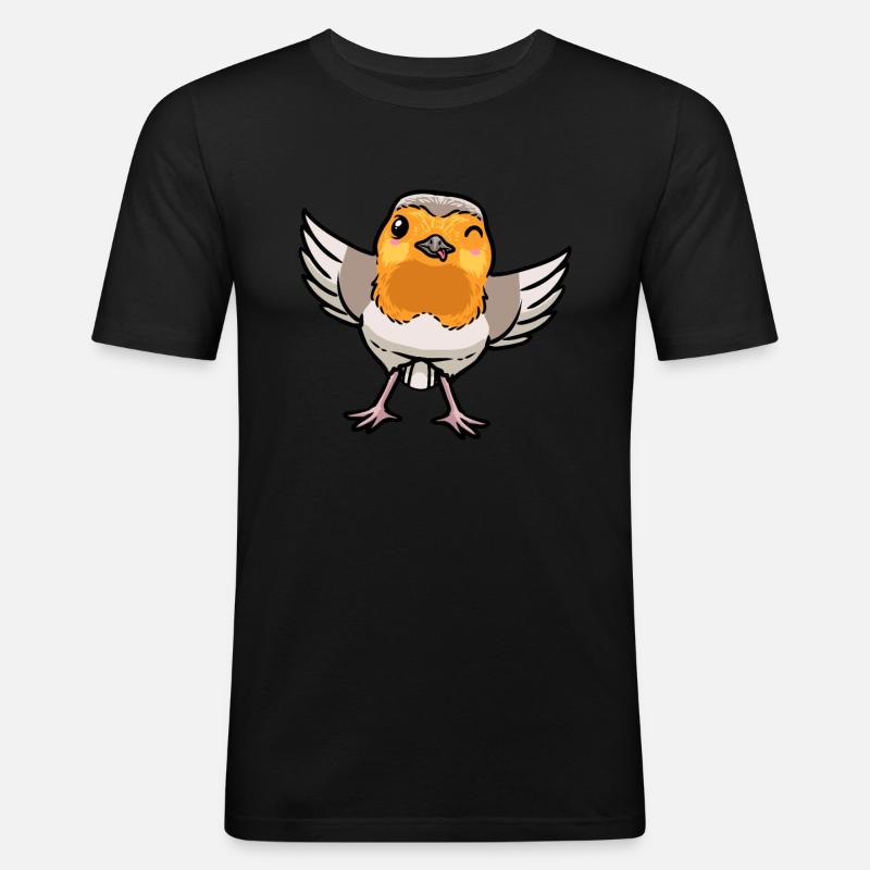 Rotkehlchen Vogel Kawaii Emoticon - Männer Slim Fit T-Shirt - Schwarz