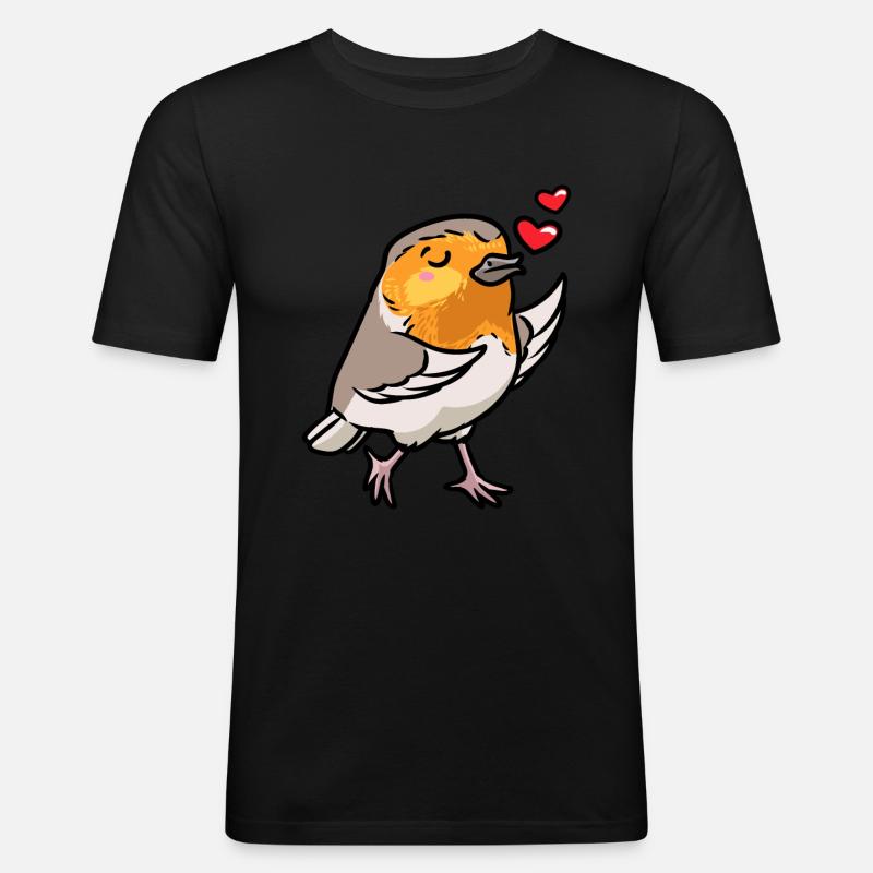 Rotkehlchen Vogel Kawaii Emoticon - Männer Slim Fit T-Shirt - Schwarz