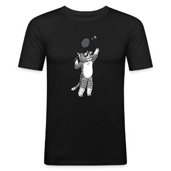 Lustige Badminton-katze - Männer Slim Fit T-Shirt - Schwarz - Vorne - Nik (191cm)
