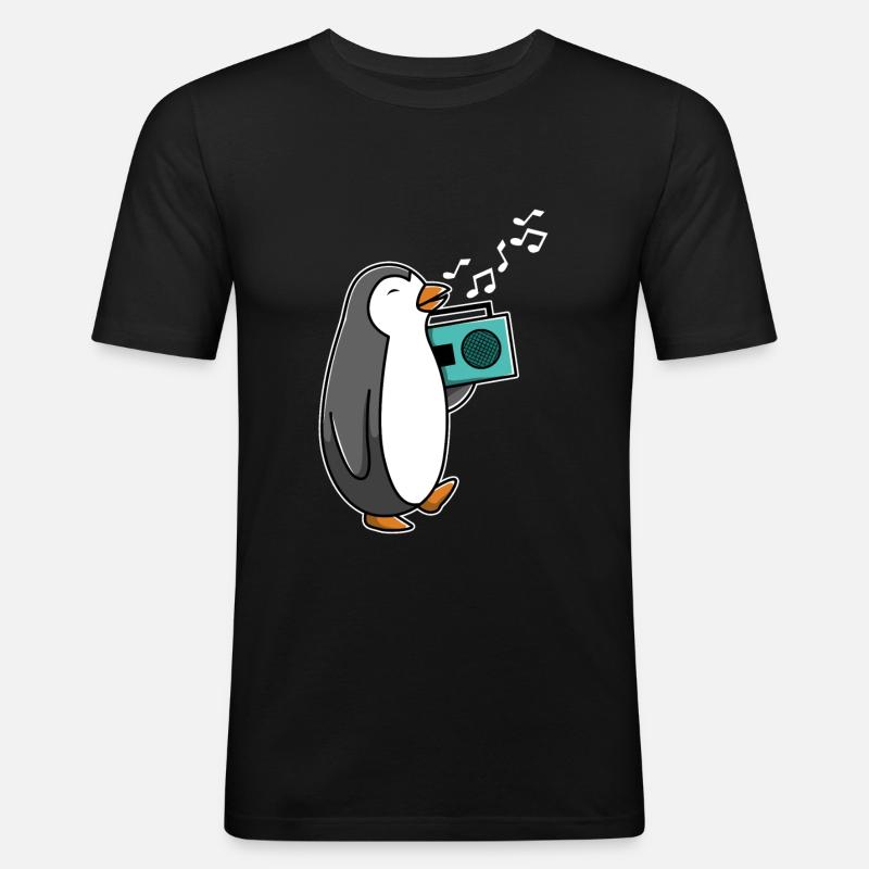 Singender Pinguin mit Radio - Männer Slim Fit T-Shirt - Schwarz