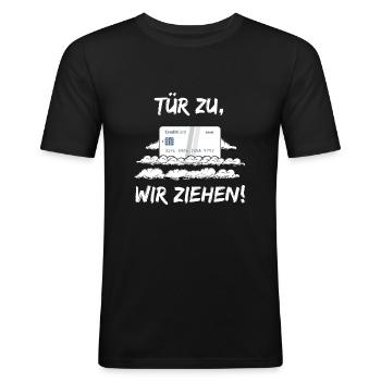 Tür zu, wir ziehen! Techno Tekkno Tekk Hard-Tekk - Männer Slim Fit T-Shirt - Schwarz - Vorne - Nik (191cm)