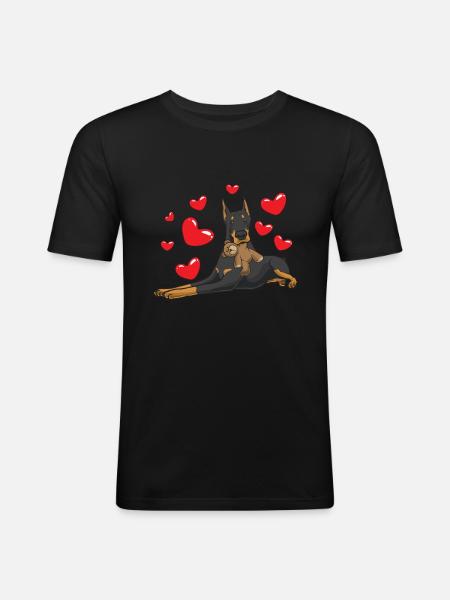 Dobermann mit Kuscheltier - Männer Slim Fit T-Shirt - Schwarz