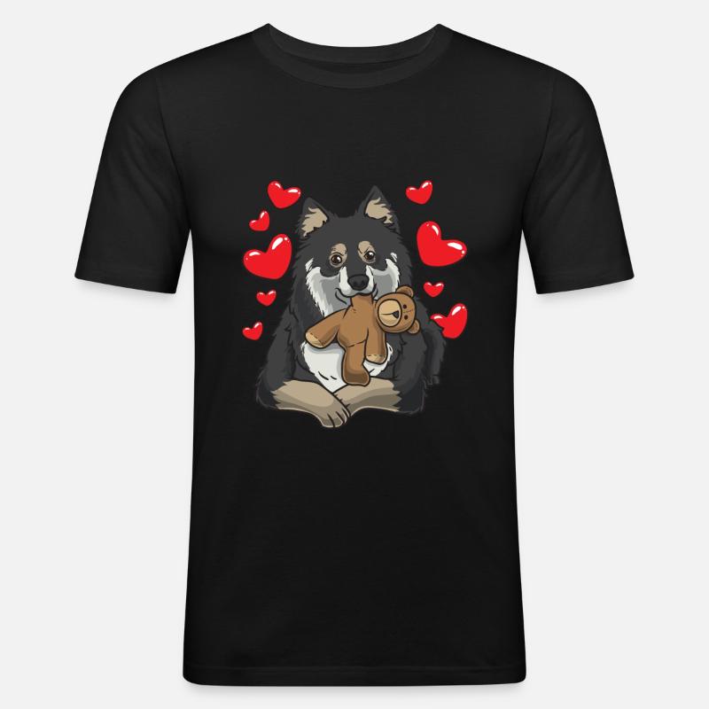 Finnischer Lapphund mit Kuscheltier - Männer Slim Fit T-Shirt - Schwarz