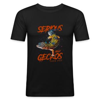 Ernsthaft über Leopardgeckos seit 2025 - Männer Slim Fit T-Shirt - Schwarz - Vorne - Nik (191cm)