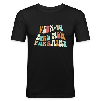 Veux tu être mon parrain - demande de parrain - T-shirt près du corps Homme - noir - Devant - Nik (191cm)