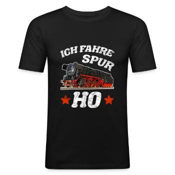 Modelleisenbahn Spurweite H0 I 1:87 Modellbahn - Männer Slim Fit T-Shirt - Schwarz - Vorne - Nik (191cm)