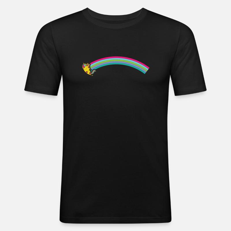 Pizza Einhorn mit Regenbogen - Männer Slim Fit T-Shirt - Schwarz