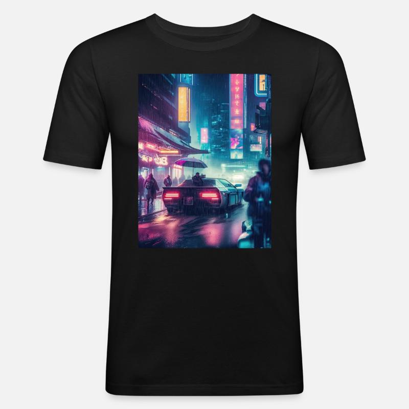 Retro-Träumerei: Oldtimer im Regen - Männer Slim Fit T-Shirt - Schwarz