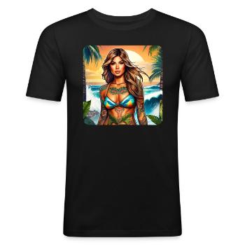 Fille de plage sexy avec des tatouages - T-shirt près du corps Homme - noir - Devant - Nik (191cm)