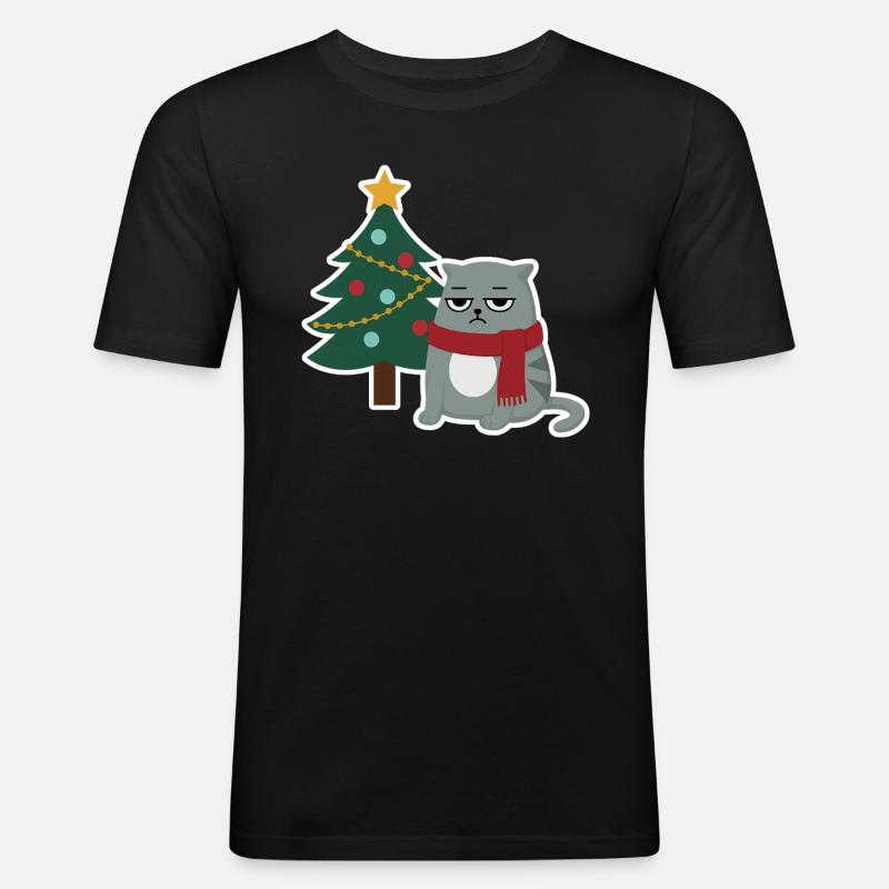 Cat Grumpy Christmas - Männer Slim Fit T-Shirt - Schwarz