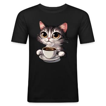Kaffeeliebe Katze Design - Männer Slim Fit T-Shirt - Schwarz - Vorne - Nik (191cm)