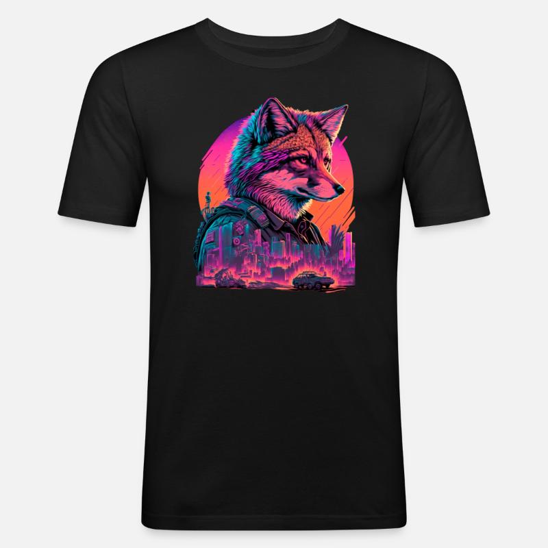 Retro Futuristic Synthwave Fox - Männer Slim Fit T-Shirt - Schwarz