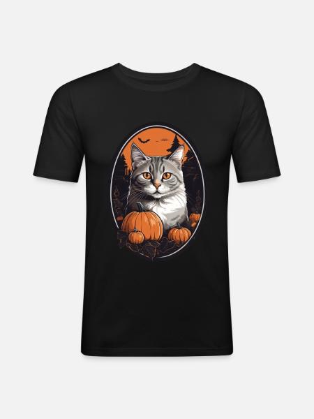 Halloween Katze - Männer Slim Fit T-Shirt - Schwarz