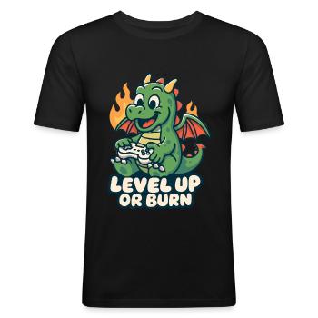 Gamer Drache Level Up - Männer Slim Fit T-Shirt - Schwarz - Vorne - Nik (191cm)