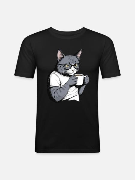 Coffee-drinking cat - Men's Slim Fit T-Shirt - black