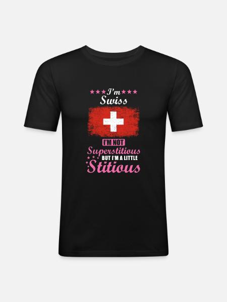 Schweizerin Frau Superstitious Stitious - Männer Slim Fit T-Shirt - Schwarz