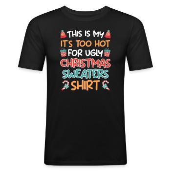 Te warm voor lelijke kersttruien - Mannen slim fit T-shirt - zwart - Voor - Nik (191cm)