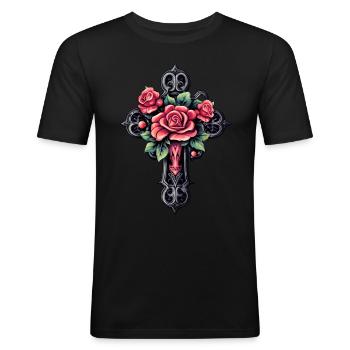 Gothic cross with roses - Men's Slim Fit T-Shirt - black - Front - Nik (191cm)