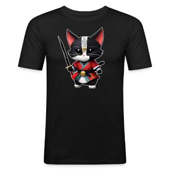 Mignon chat samouraï avec épée katana - T-shirt près du corps Homme - noir - Devant - Nik (191cm)