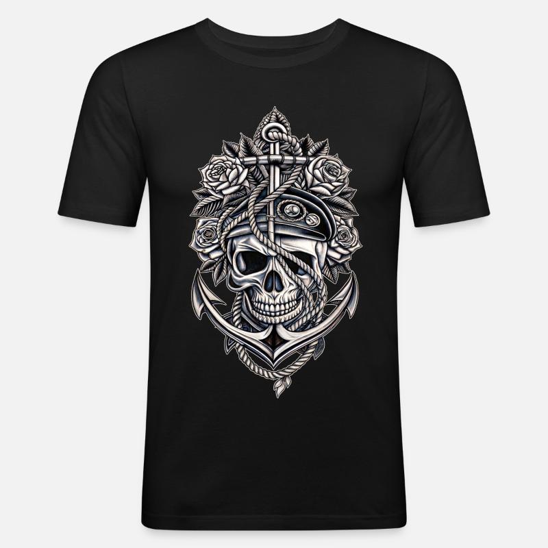 Navy Totenkopf Anker Gothic Totenschädel - Männer Slim Fit T-Shirt - Schwarz