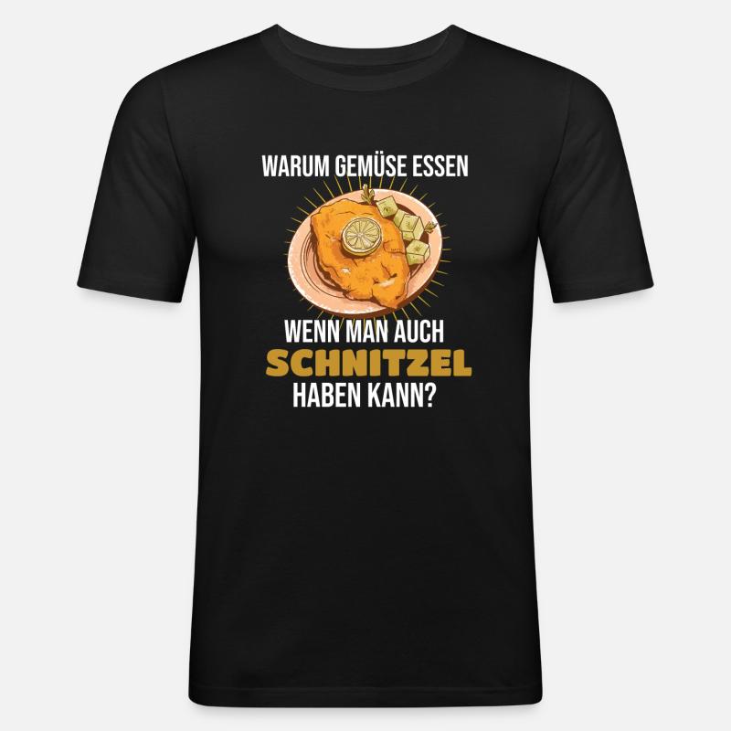 Schnitzel Warum Gemüse essen - Männer Slim Fit T-Shirt - Schwarz
