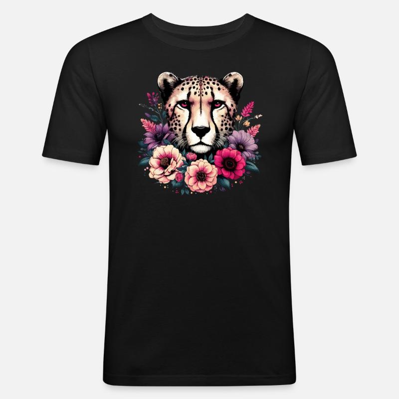 Guépard Fleurs de guépard - T-shirt près du corps Homme - noir