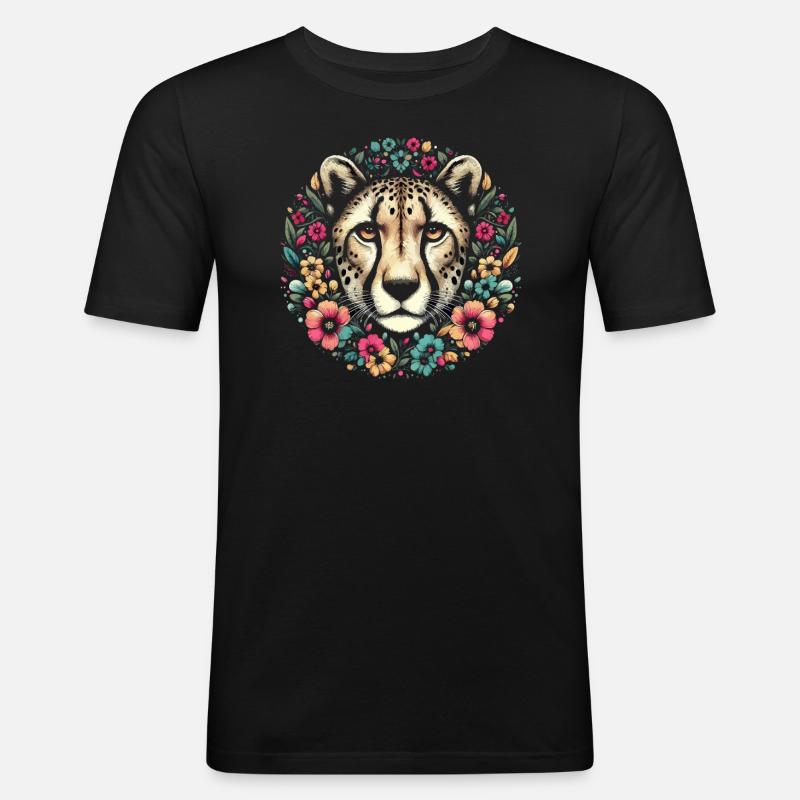 Cheetah Gepard Blumen - Männer Slim Fit T-Shirt - Schwarz