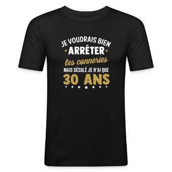 Anniversaire 30 ans, désolée je n'ai que 30 ans - T-shirt près du corps Homme - noir - Devant - Nik (191cm)