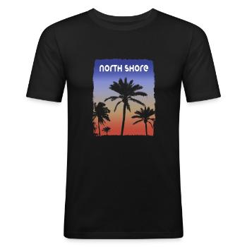 Souvenir de vacances au coucher du soleil sur la côte nord d’Oahu à Hawaï - T-shirt près du corps Homme - noir - Devant - Nik (191cm)