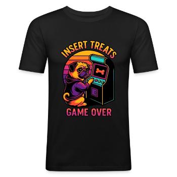 Lustiger Mops am Arcade-Automaten - Männer Slim Fit T-Shirt - Schwarz - Vorne - Nik (191cm)