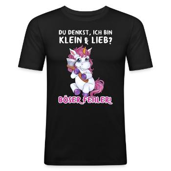 "Du denkst ich bin Lieb - Böser Fehler" Einhorn - Männer Slim Fit T-Shirt - Schwarz - Vorne - Nik (191cm)