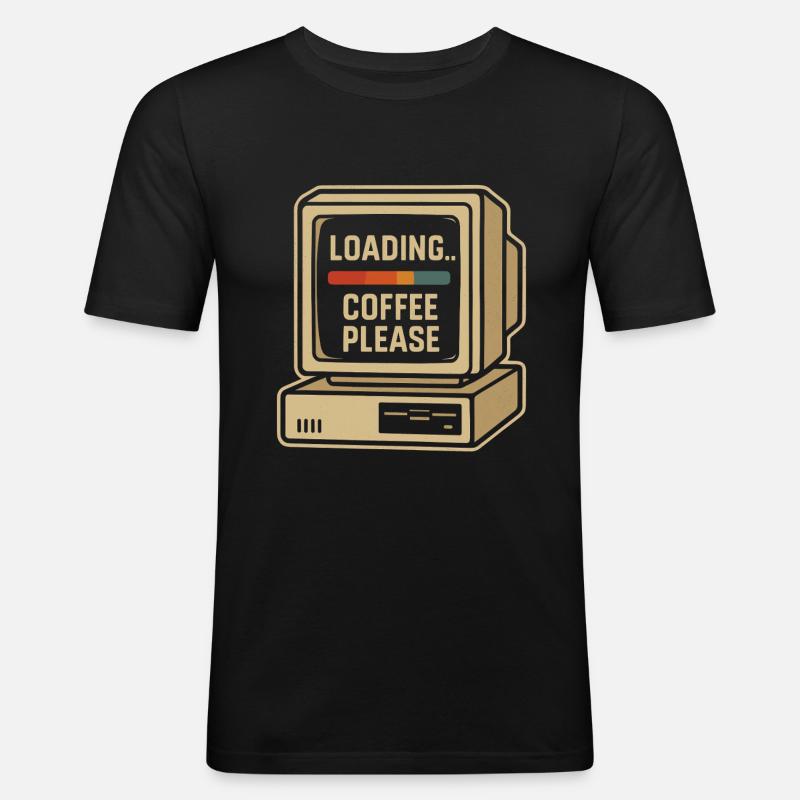 Loading Coffee Please Retro Computer - Männer Slim Fit T-Shirt - Schwarz