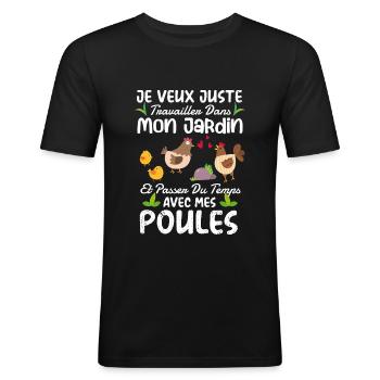 Jardin Et Poules Humour Idée Cadeau Jardinage - T-shirt près du corps Homme - noir - Devant - Nik (191cm)