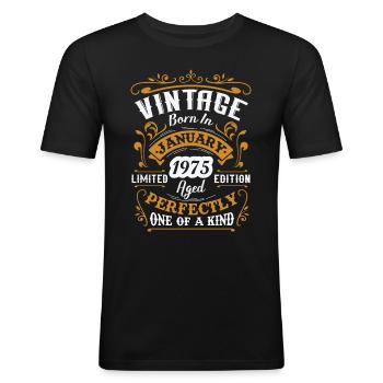 Verjaardagscadeau, Vintage geboren in januari 1975 - Mannen slim fit T-shirt - zwart - Voor - Nik (191cm)