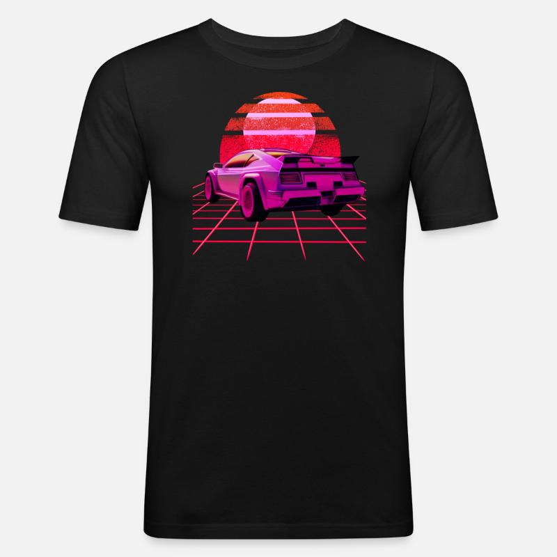 Retro Wave super Car Sunset - Männer Slim Fit T-Shirt - Schwarz
