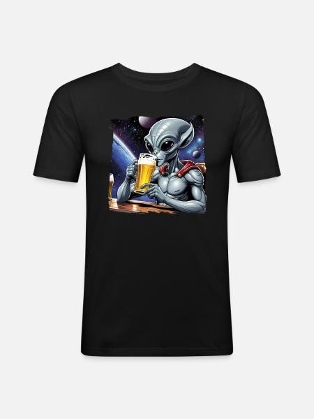 Alien drinks beer in space - Men's Slim Fit T-Shirt - black