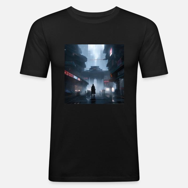 Shadow Ronin: Samurai-Silhouette im Regen - Männer Slim Fit T-Shirt - Schwarz