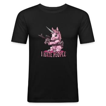 Unicorn Einhorn I hate people Ich hasse Menschen - Männer Slim Fit T-Shirt - Schwarz - Vorne - Nik (191cm)