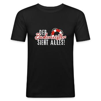 Der Bademeister sieht alles Schwimmbad FAB Rettung - Männer Slim Fit T-Shirt - Schwarz - Vorne - Nik (191cm)