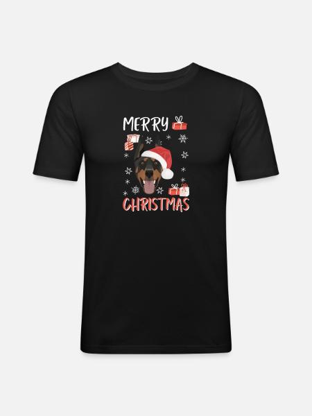 Dobermann Frohe Weihnachten - Männer Slim Fit T-Shirt - Schwarz